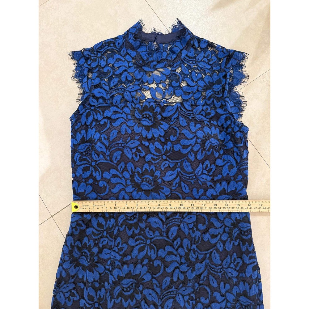 Eliza J Blue Black Floral Lace Gown Dress Size 12 Mock Neck Open Back Formal - Picture 8 of 8